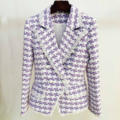 Women's Purple & White Tweed Houndstooth Luxury Fitted Double Breasted Blazer with Lion Buttons