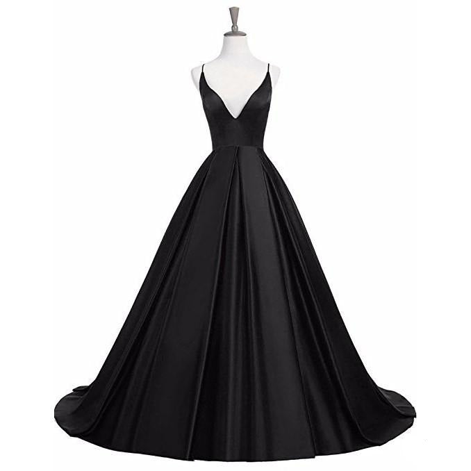 Elegant formal gowns for prom in sleek black with a plunging neckline and flowing skirt