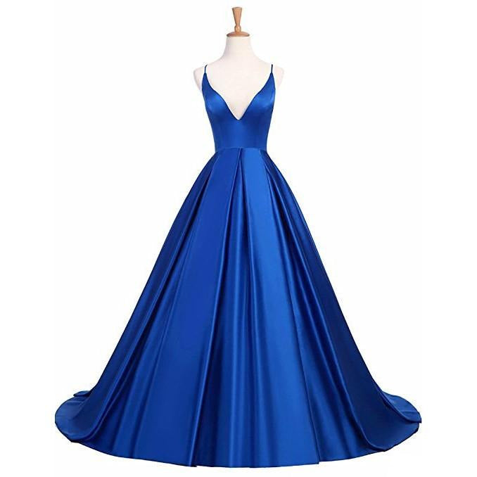 Stunning blue wedding dress with a deep V-neck and flowing skirt, perfect as elegant formal gowns for prom