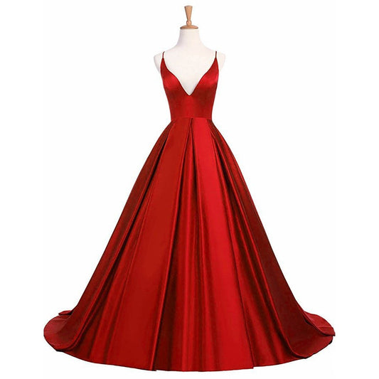 Elegant red satin wedding dress with a deep V-neckline and flowing skirt, perfect for elegant formal gowns for prom.