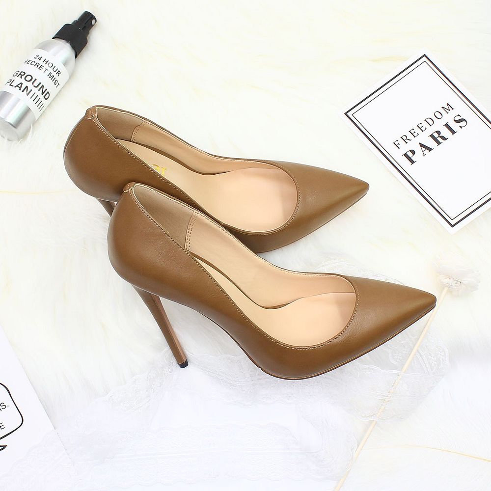 Stylish tan elegant high heel shoes for weddings with pointed toes and slim stiletto heels