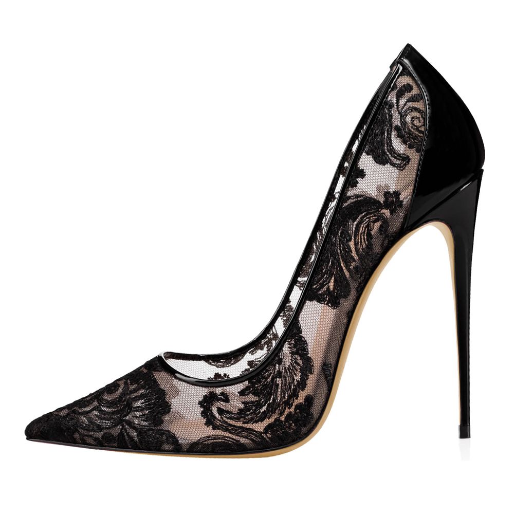 Elegant lace stiletto heels with black floral lace detailing and a glossy patent finish