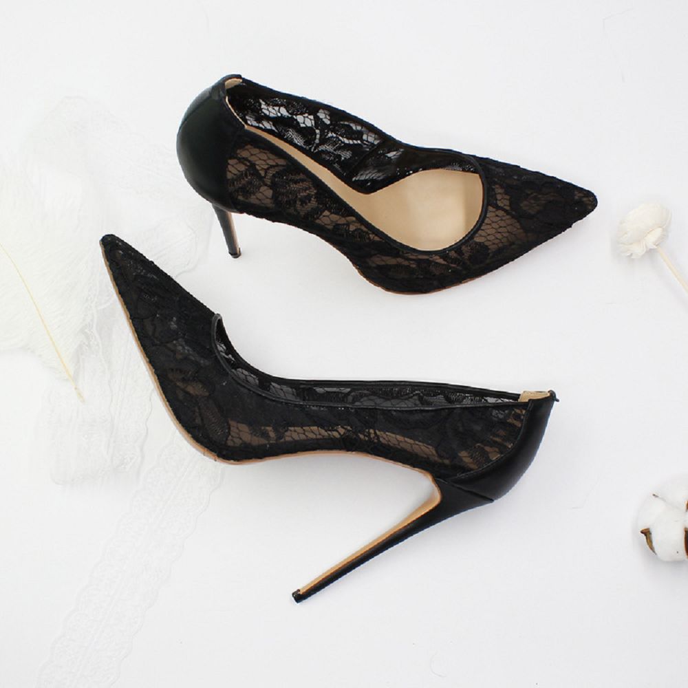 Elegant lace stiletto heels in black with a pointed toe design and a stylish silhouette
