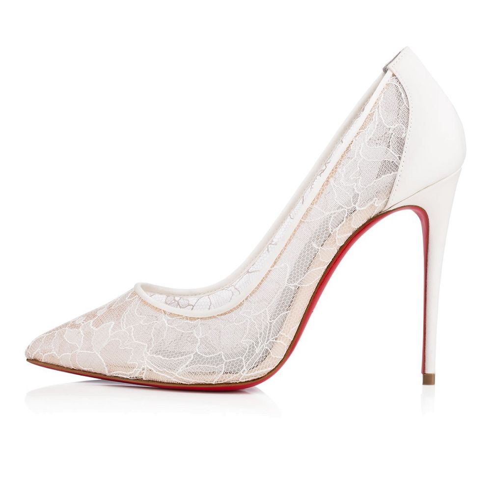 Elegant lace stiletto heels in white with intricate lace detailing and a pointed toe design