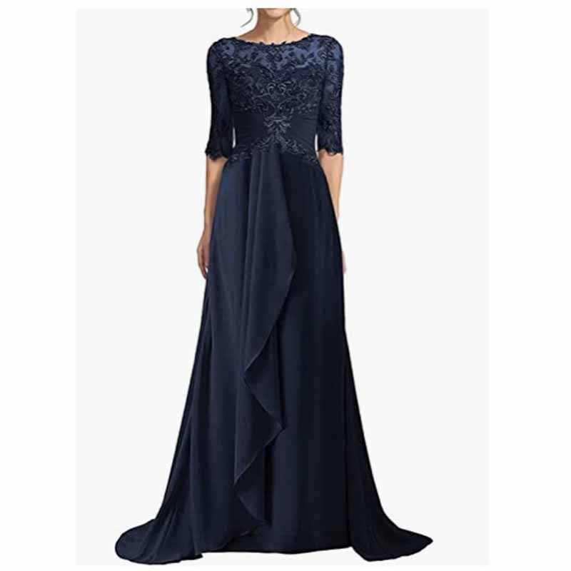 Elegant navy blue mother of the bride dresses with lace bodice and flowing skirt for formal events