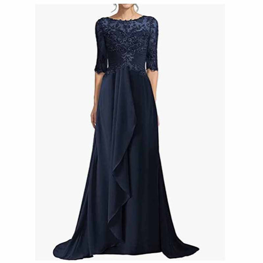 Elegant navy blue mother of the bride dresses with lace bodice and flowing skirt for formal events