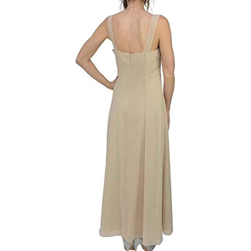 Back view of a flowing beige wedding dress, perfect as an elegant mother of the bride outfit