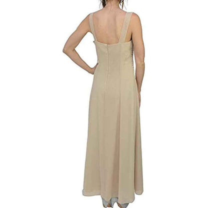 Back view of a flowing beige wedding dress, perfect as an elegant mother of the bride outfit