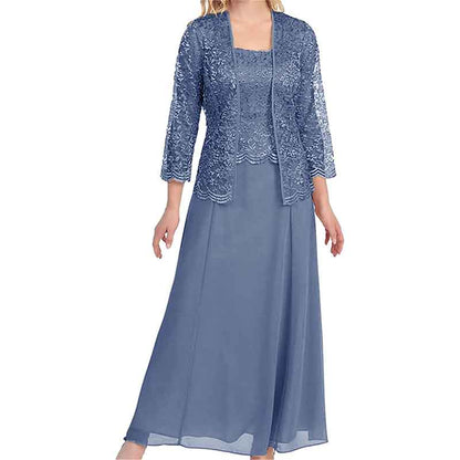 Elegant mother of the bride outfit featuring a blue lace dress with matching jacket for special occasions