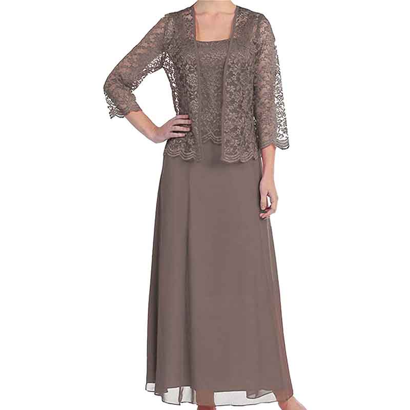 Elegant mother of the bride outfit featuring a lace bodice and flowing chiffon skirt in a warm taupe shade