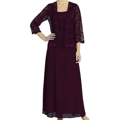 Elegant mother of the bride outfit in burgundy with lace overlay and flowing skirt