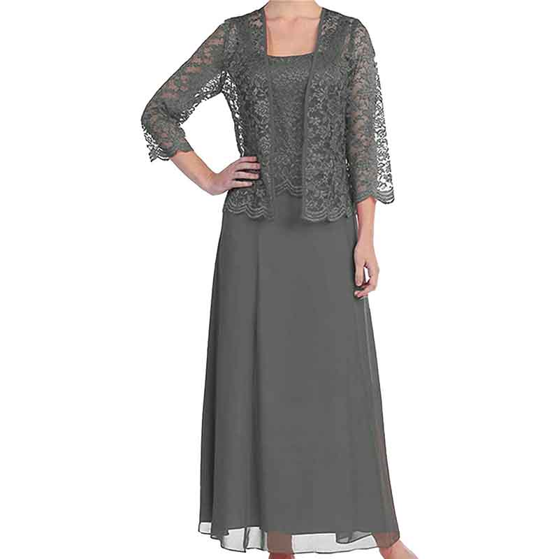 Elegant mother of the bride outfit featuring a lace overlay jacket and a flowing gown for special occasions