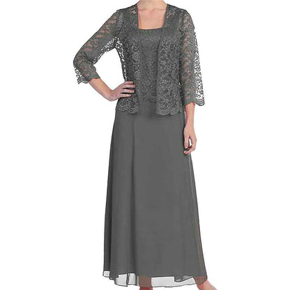 Elegant mother of the bride outfit featuring a lace overlay jacket and a flowing gown for special occasions