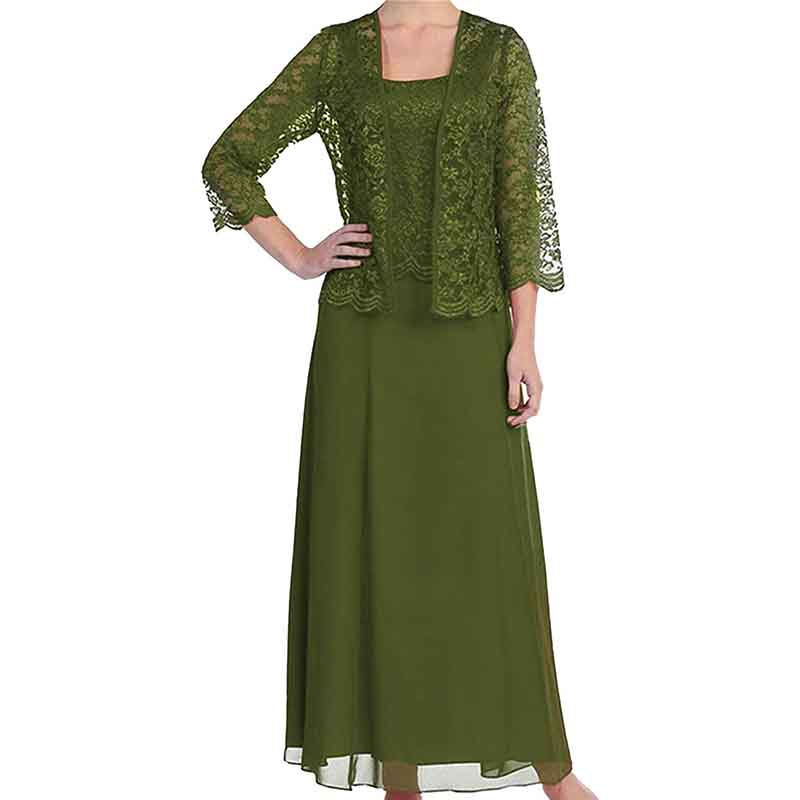 Elegant mother of the bride outfit in dark green with lace overlay and matching jacket for special occasions