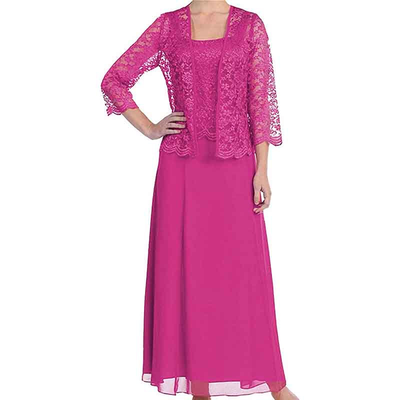 Elegant mother of the bride outfit in vibrant pink with lace overlay and flowing skirt