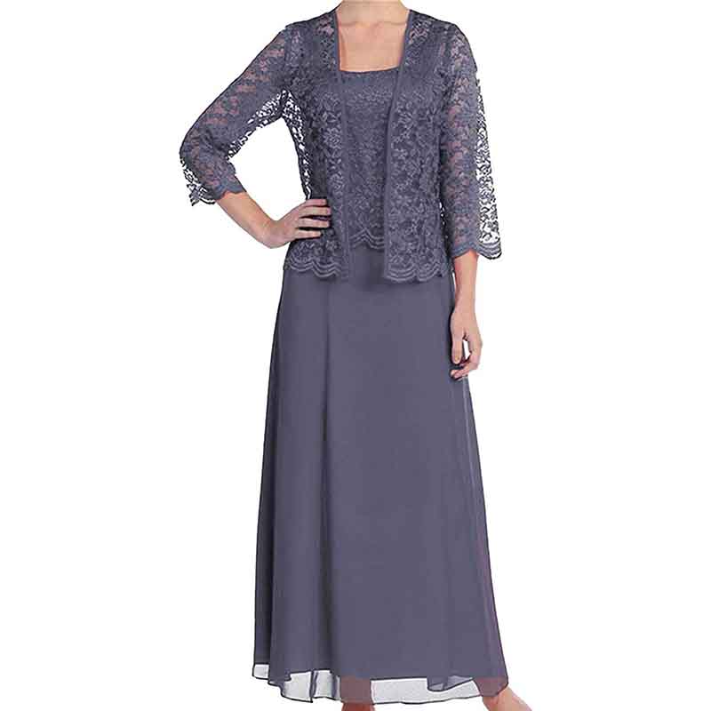 Elegant mother of the bride outfit featuring a lace-overlay jacket and flowing skirt in deep gray