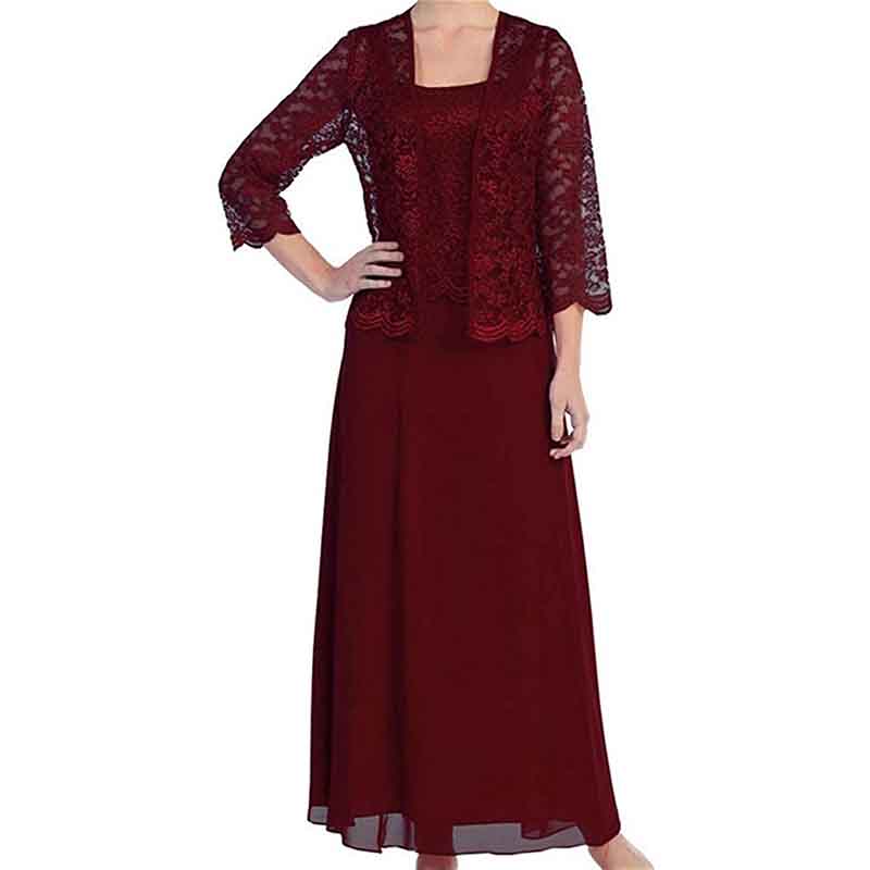 Elegant mother of the bride outfit in burgundy featuring lace overlay and flowing skirt