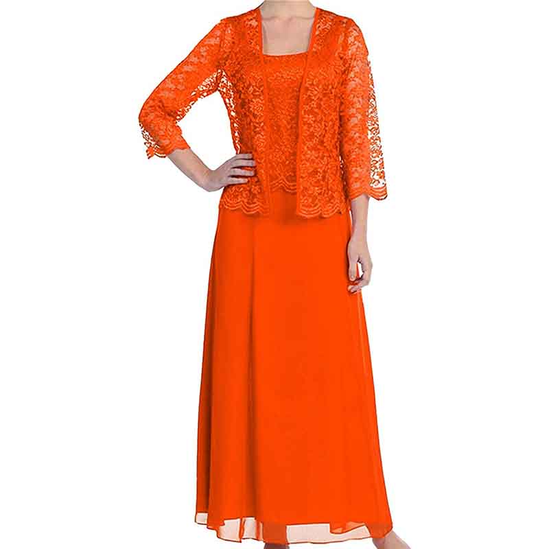 Orange mother of the bride outfit featuring a teal gown with lace jacket for special occasions