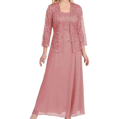 pink mother of the bride outfit featuring a teal gown with lace jacket for special occasions