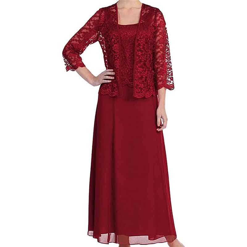 Elegant mother of the bride outfit featuring a burgundy dress with lace overlay and a matching shrug