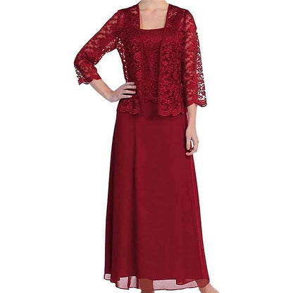 Elegant mother of the bride outfit featuring a burgundy dress with lace overlay and a matching shrug