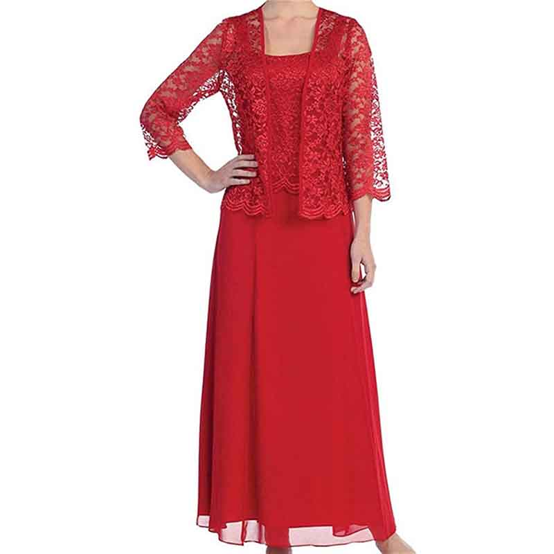 Elegant mother of the bride outfit in red featuring a lace overlay and flowing skirt