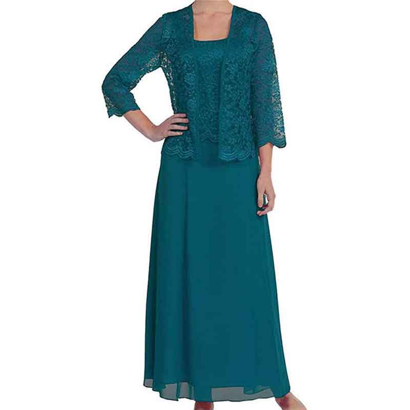Elegant mother of the bride outfit featuring a teal gown with lace jacket for special occasions