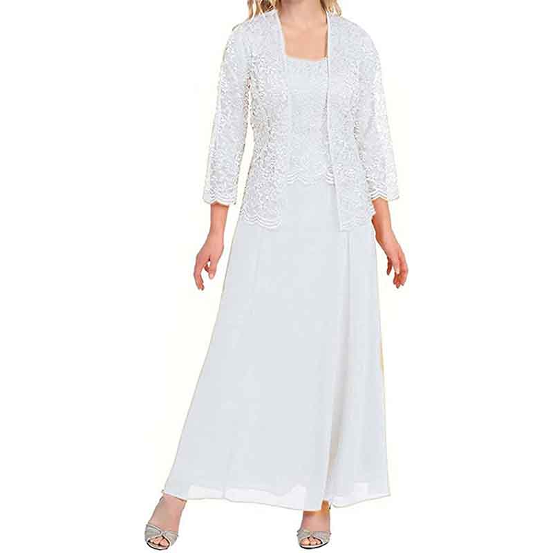 Elegant mother of the bride outfit featuring a lace top and flowing white skirt for special occasions