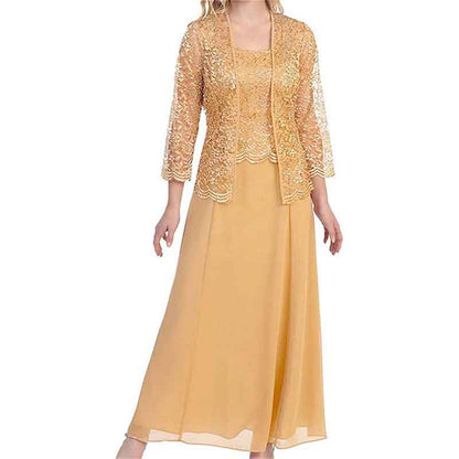 Elegant mother of the bride outfit in soft yellow with a lace jacket and flowing skirt