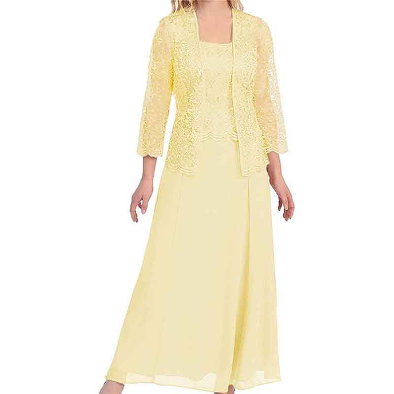 Elegant mother of the bride outfit in soft yellow featuring lace jacket and long dress