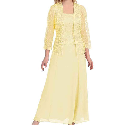 Elegant mother of the bride outfit in soft yellow featuring lace jacket and long dress