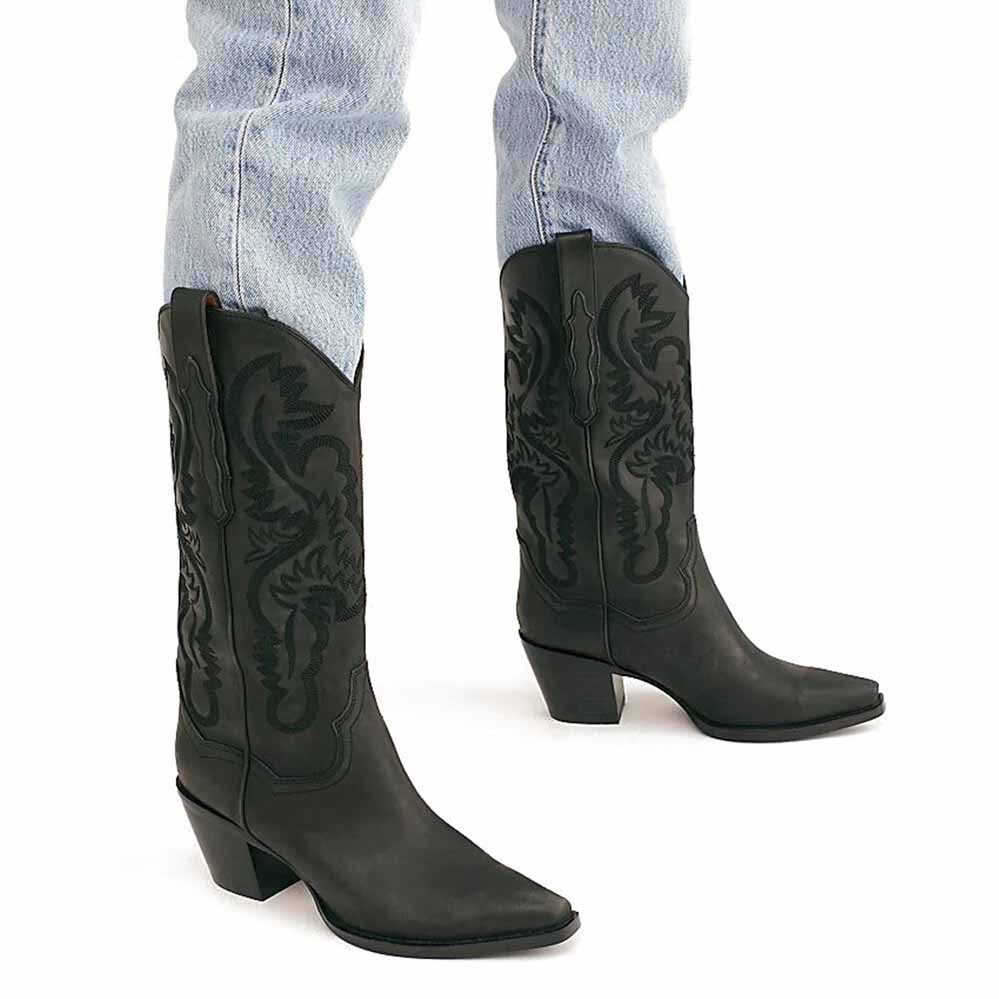 Black embroidered cowgirl boots wedding with stylish stitching, perfect for special occasions or casual wear
