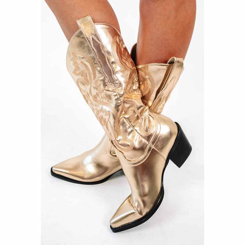 Gold embroidered cowgirl boots wedding with stylish pointed toe and intricate designs