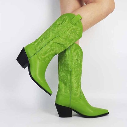 Bright green embroidered cowgirl boots wedding with unique designs and structured heels