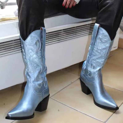 Stylish embroidered cowgirl boots wedding in light blue with intricate designs and a block heel