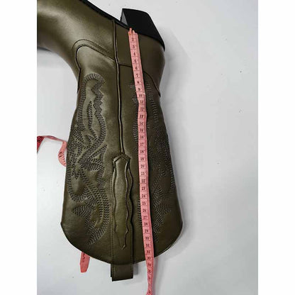 Embroidered cowgirl boots wedding in olive green with intricate detailing and measuring tape for size reference