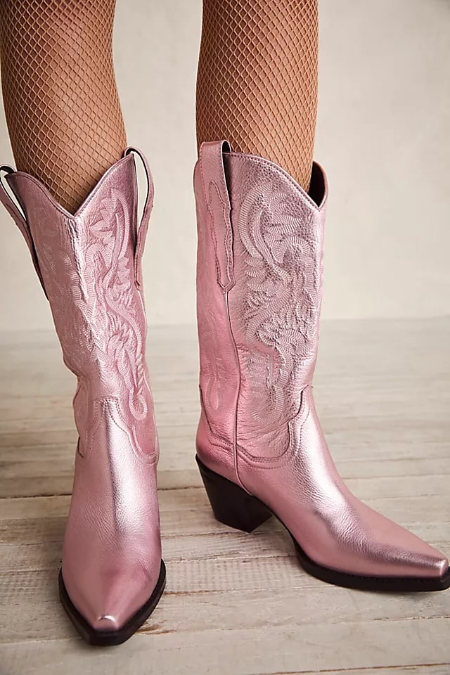 Pink embroidered cowgirl boots wedding with intricate detailing and stylish pointed toe