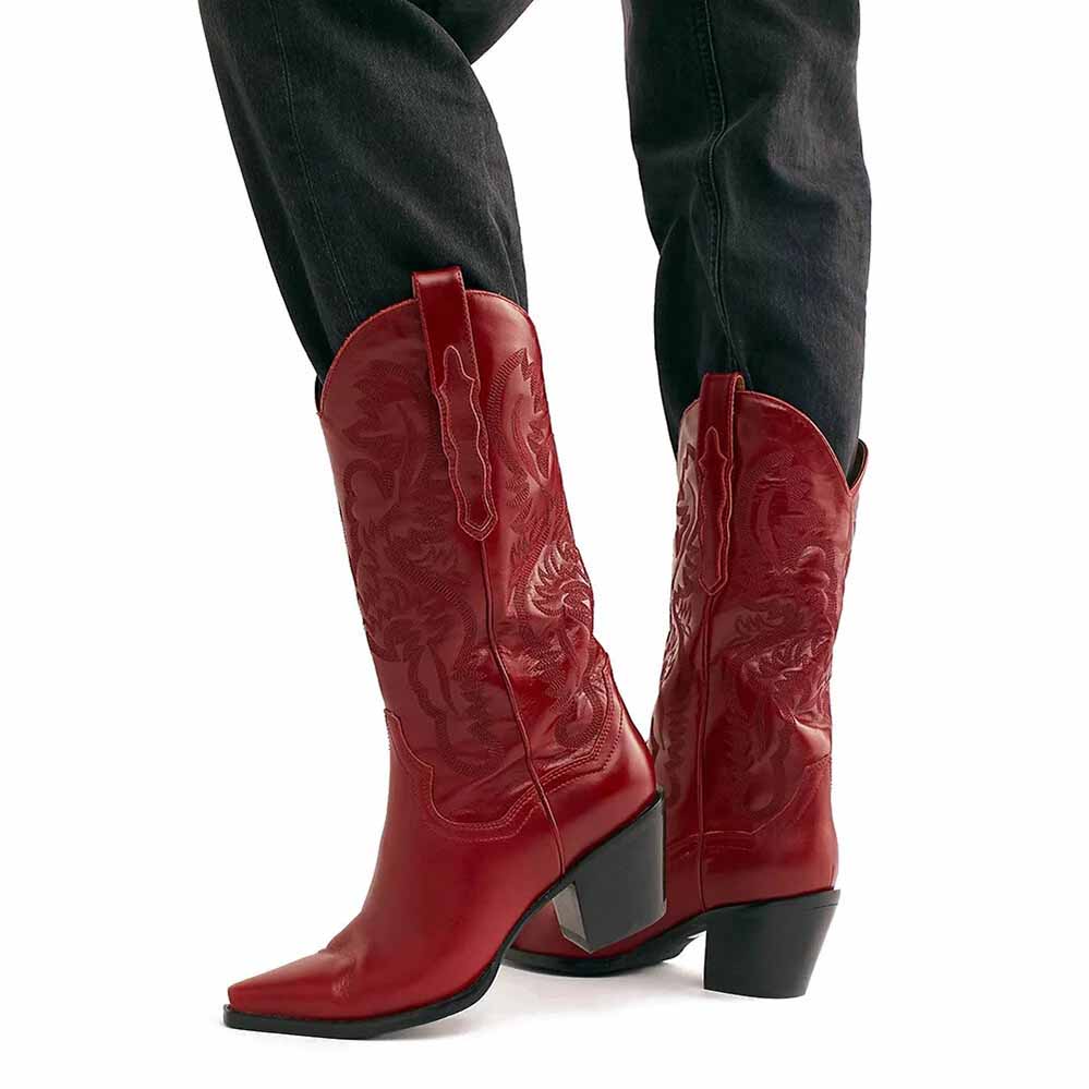 Red embroidered cowgirl boots wedding with stylish designs and modern heel for a trendy bridal look