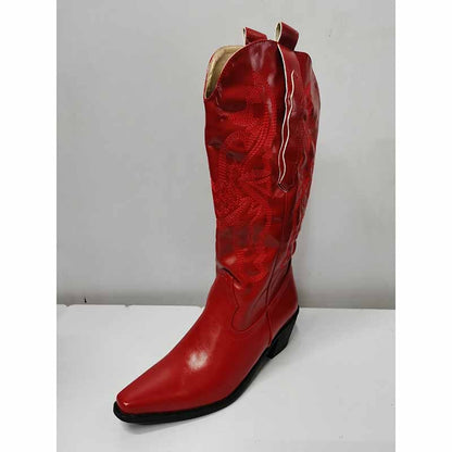 Red embroidered cowgirl boots wedding with decorative stitching and pointed toe design