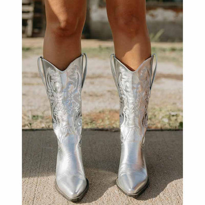 Shiny silver embroidered cowgirl boots wedding with pointed toes and intricate detailing