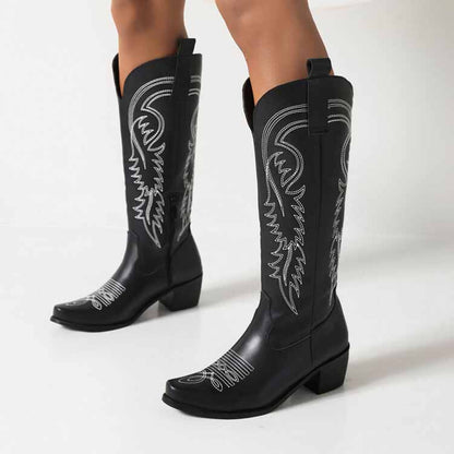 Tucomosi embroidered cowgirl knee high boots with stylish wing designs and comfortable block heels