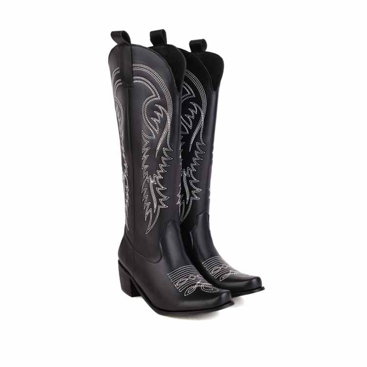 Tucomosi embroidered cowgirl knee high boots in black with stylish western designs