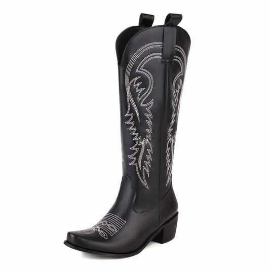 Tucomosi embroidered cowgirl knee high boots in black with intricate stitching details