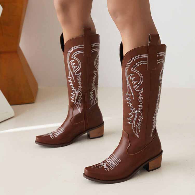 Tucomosi embroidered cowgirl knee high boots in brown with intricate western designs