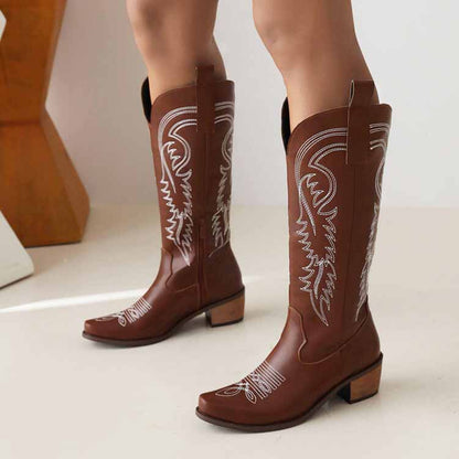 Tucomosi embroidered cowgirl knee high boots in brown with intricate western designs