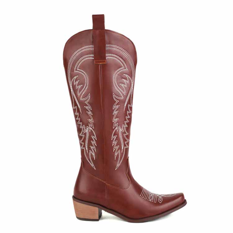 Tucomosi embroidered cowgirl knee high boots in brown with stylish stitching details