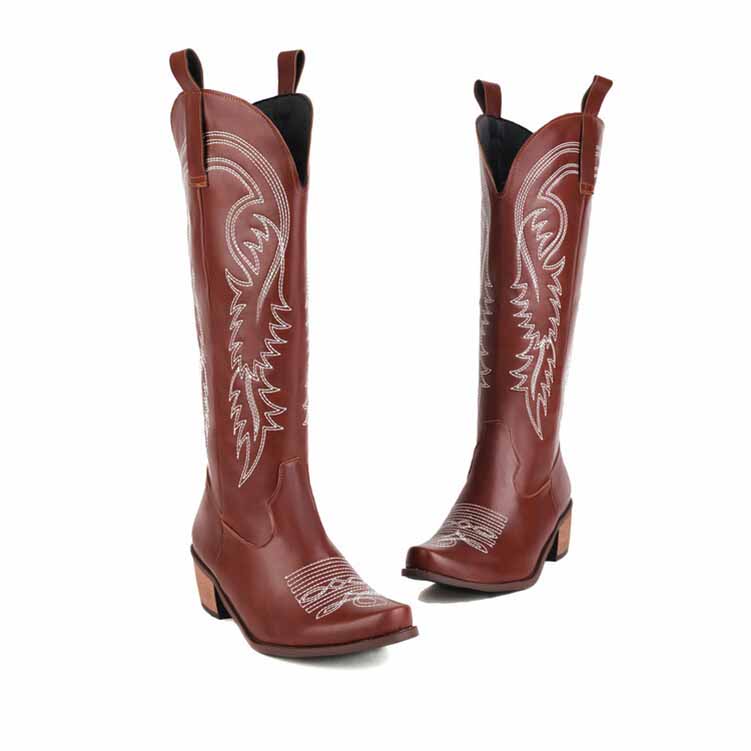 Tucomosi embroidered cowgirl knee high boots in brown with stylish designs for a western look