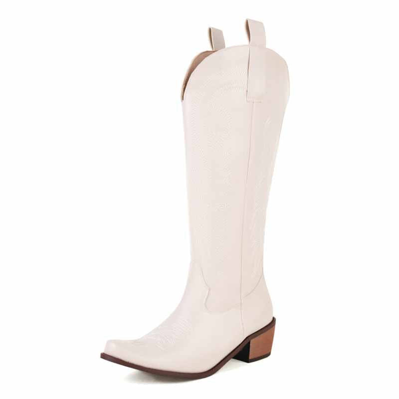 Tucomosi embroidered cowgirl knee high boots in white with a stylish design and sturdy heel