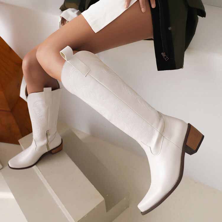Tucomosi embroidered cowgirl knee high boots in white with stylish design and comfortable fit