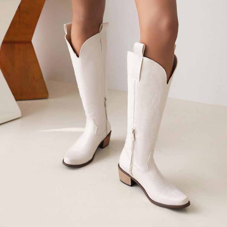 Tucomosi embroidered cowgirl knee high boots in white with a stylish design and side zipper